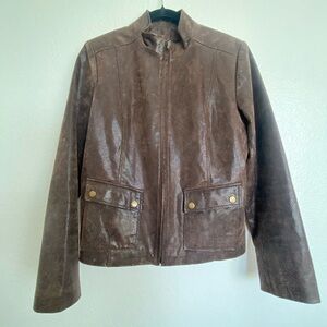 Brown Leather Jacket with Gold Accents